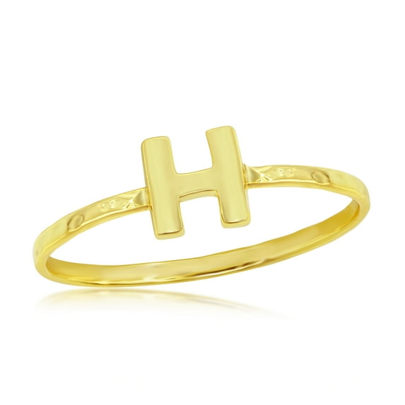 Beaux Bijoux Alphabet Letter A, B, C, D, E, G, H, J, K, L M, N, P, R, S, T Stackable Initial Hammered Band Ring 14K Gold Plated Sterling Silver Jewelry for Women or Teens (Height 6mm x 5mm Width)