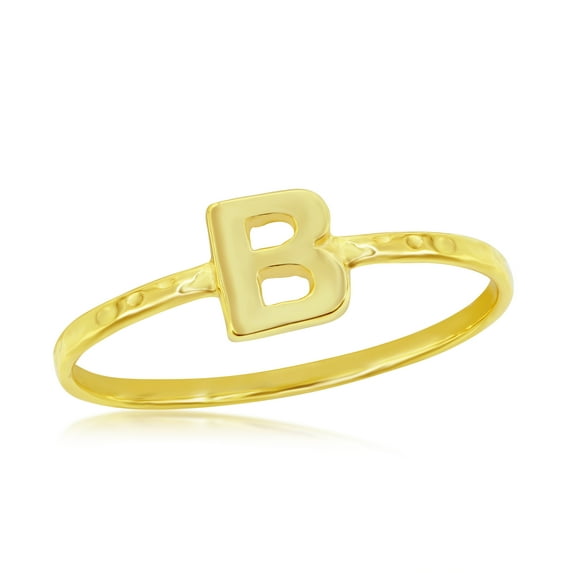 Beaux Bijoux Alphabet Letter A, B, C, D, E, G, H, J, K, L M, N, P, R, S, T Stackable Initial Hammered Band Ring 14K Gold Plated Sterling Silver Jewelry for Women or Teens (Height 6mm x 5mm Width)