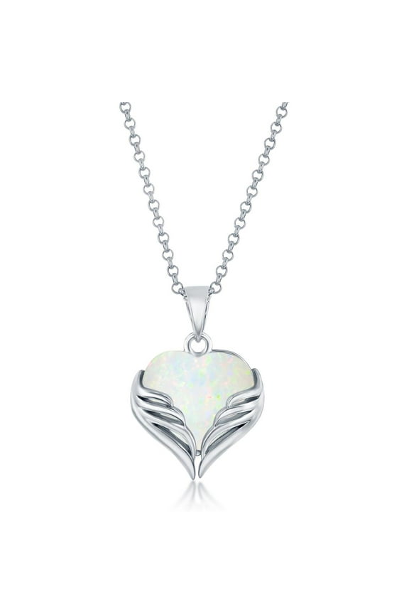 Angel Wings Love Heart Created White Opal 18” Pendant Necklace Sterling Silver Jewelry for Women or Teens