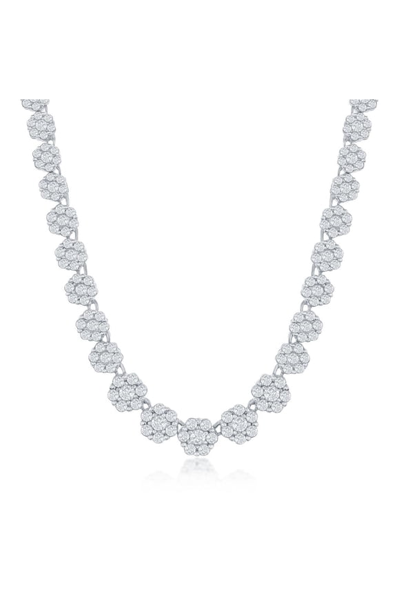 Bridal Statement Tennis Necklace Graduating Flower Simulated Diamond CZ Sterling Silver with 17 Chain Engagement Jewelry for Bride, Bridesmaid, Women, or Teens