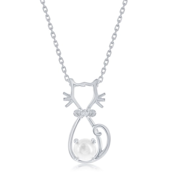 Beaux Bijoux Cat Design Necklace for Women in Sterling Silver - Pearl & CZ Necklace for Her - Exquisite Hand Crafted Hypoallergenic Necklace - Unique Jewelry Gift for Women