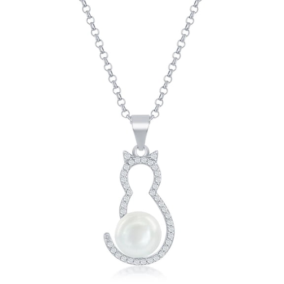 Beaux Bijoux Cat Design with Round Fresh Water Pearl and Simulated Diamond CZ 18” Dainty Necklace Sterling Silver Jewelry for Women or Teens and Cat Lovers-Cat