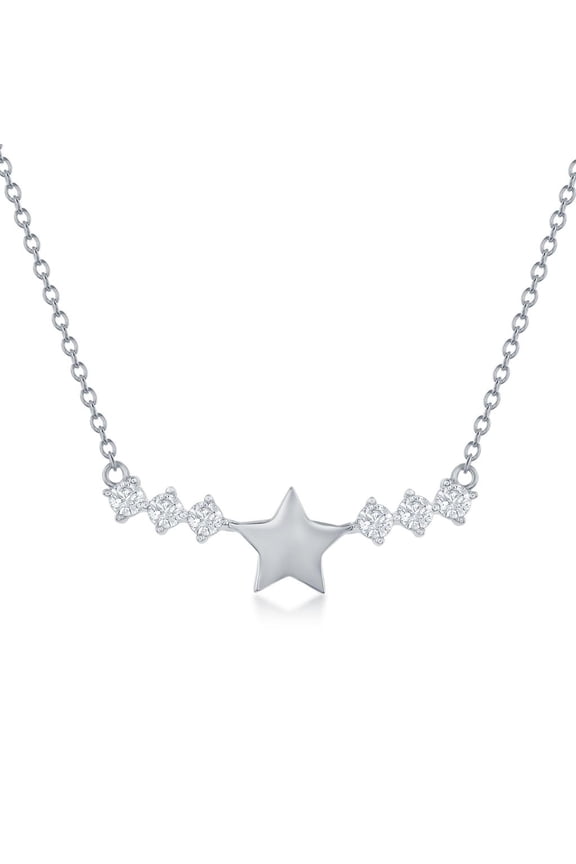 Celestial Star with Simulated Diamond CZ Side-Stones 16+2” Bar Necklace Sterling Silver Jewelry for Women or Teens