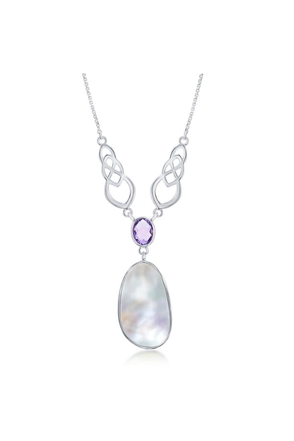 Celtic Y Design Mother of Pearl and Oval Faceted Amethyst 17+2” Gemstone Necklace Sterling Silver Jewelry for Women or Teens