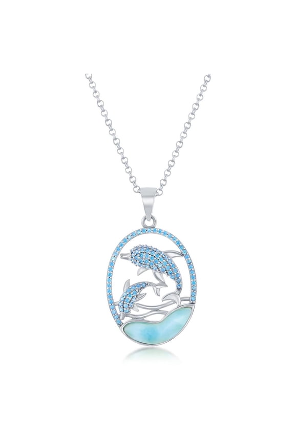 Created Blue Topaz Dolphins and Natural Larimar Gemstone Oval-Shaped Pendant 18 Necklace Sterling Silver Jewelry for Women or Teens