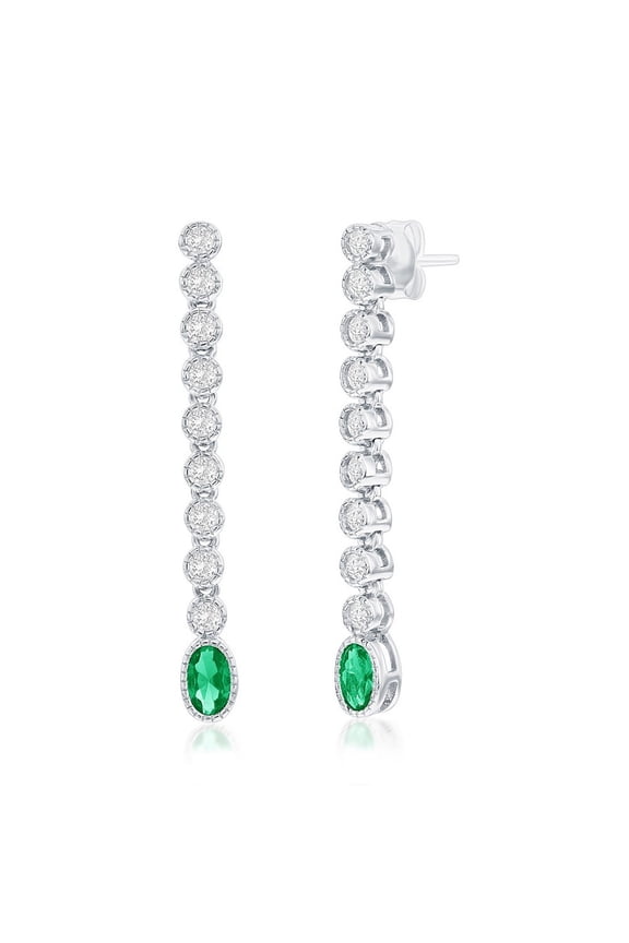 Created Emerald Dangling Earrings in Sterling Silver - Oval & Round Simulated Diamond CZ for Women - Hypoallergenic Earrings for Her