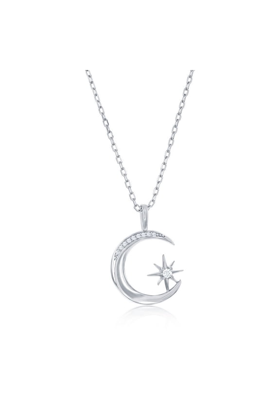 Crescent Moon & North Star Necklace in Sterling Silver - Simulated Diamond CZ Necklace for Women - Fine Jewelry for Her