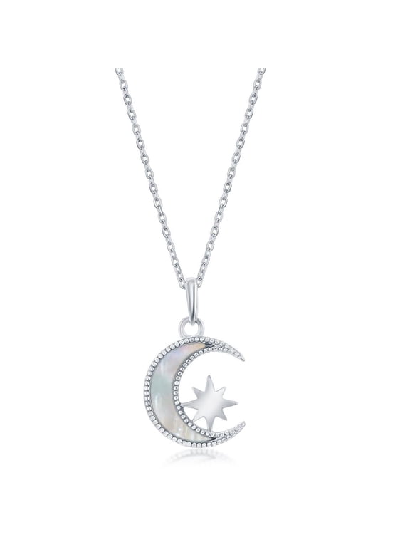 Crescent Moon with Star Mother of Pearl 16+2 Celestial Necklace Sterling Silver Jewelry for Women or Teens