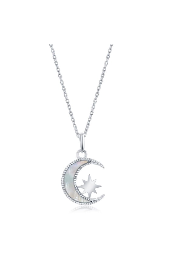Crescent Moon with Star Mother of Pearl 16+2 Celestial Necklace Sterling Silver Jewelry for Women or Teens