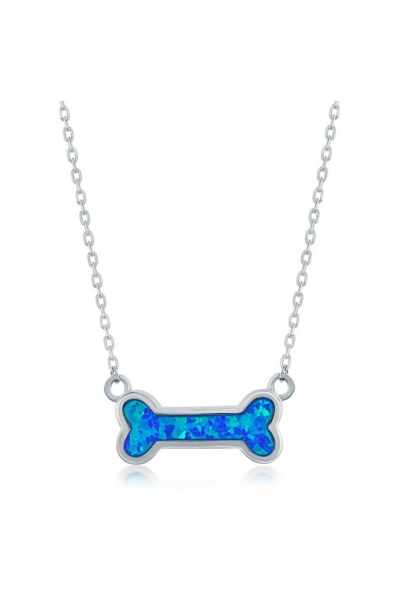 Dog Bone, Created Blue Opal 16+2” Necklace Sterling Silver Jewelry for Women or Teens
