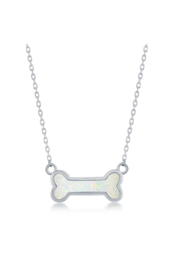 Dog Bone, Created White Opal 16+2” Necklace Sterling Silver Jewelry for Women or Teens