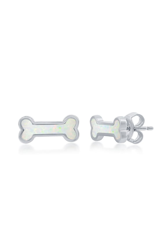 Dog Bone, Created White Opal Stud Earrings Sterling Silver Jewelry for Women or Teens