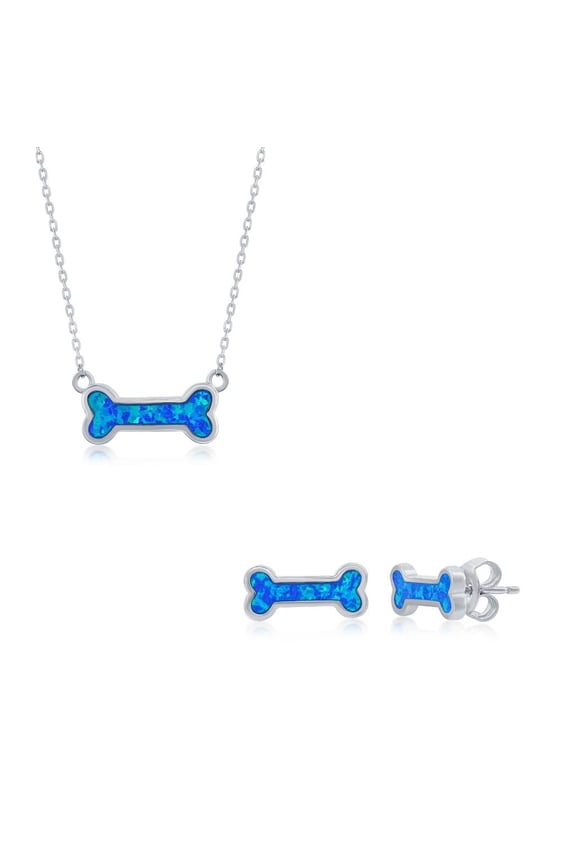 Dog Bone Design Pendant Necklace and Earrings Set, Sterling Silver Created Blue Opal 16+2” Chain Jewelry for Women or Teens
