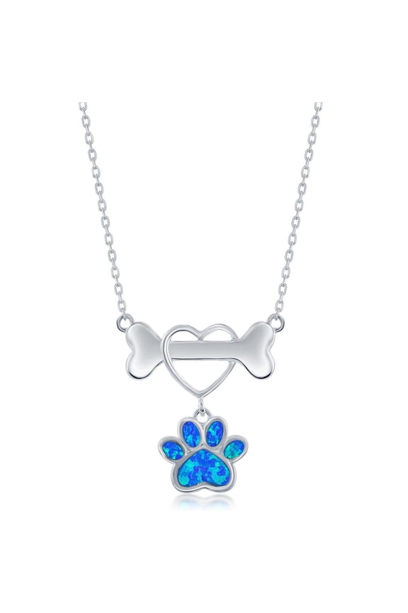Dog Bone with Heart Created Blue Opal Paw Print 16+2” Pendant Necklace Sterling Silver Jewelry for Women or Teens
