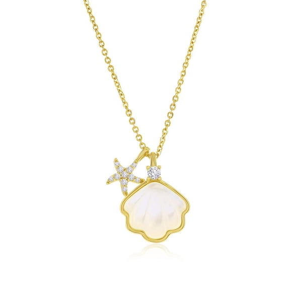 Beaux Bijoux Gold Plated Mother of Pearl Sea Shell Necklace in Sterling Silver - Starfish with Simulated Diamond CZ Necklace for Women - Jewelry for Her