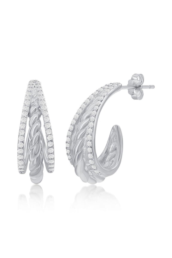 Gold Plated Triple Row CZ & Twist Design Earrings for Women - Half Hoop in Sterling Silver - Fine Jewelry for Women - Hypoallergenic Earrings for Her