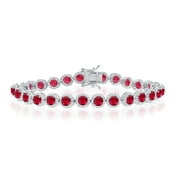 BEAUX BIJOUX Halo Created Ruby and Simulated Diamond CZ 7.5” Halo Linked Tennis Bracelet Sterling Silver Jewelry for Women or Teens
