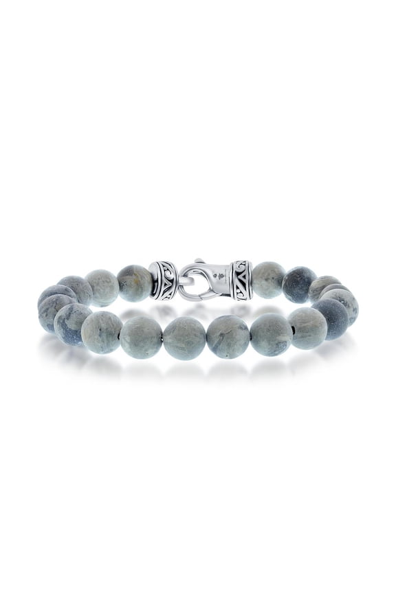Men’s 10mm Natural Stone Gray Jasper Beads 8.5” Bracelet Stainless Steel Jewelry for Men