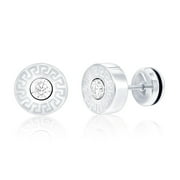 Beaux Bijoux Mens 10mm Round Greek Key Stud Earrings in Stainless Steel - Simulated Diamond CZ Stud - Hypoallergenic Earrings for Men - Unqiue Stud Earrings for Him