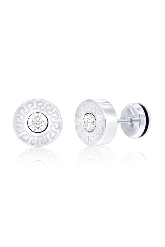 Men's 10mm Round Greek Key Stud Earrings in Stainless Steel - Simulated Diamond CZ Stud - Hypoallergenic Earrings for Men - Unqiue Stud Earrings for Him