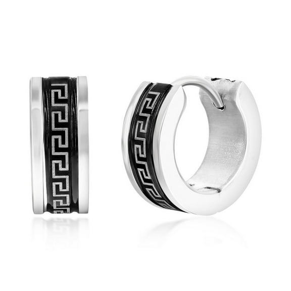 Beaux Bijoux Men's 13mm Greek Key in Stainless Steel - Hypoallergenic Hoop Earrings for Men - Unique Earrings for Him