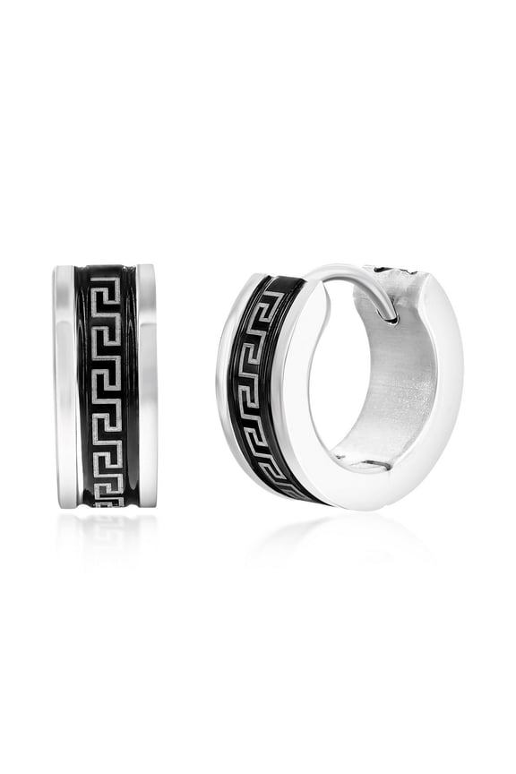 Men's 13mm Greek Key in Stainless Steel - Hypoallergenic Hoop Earrings for Men - Unique Earrings for Him