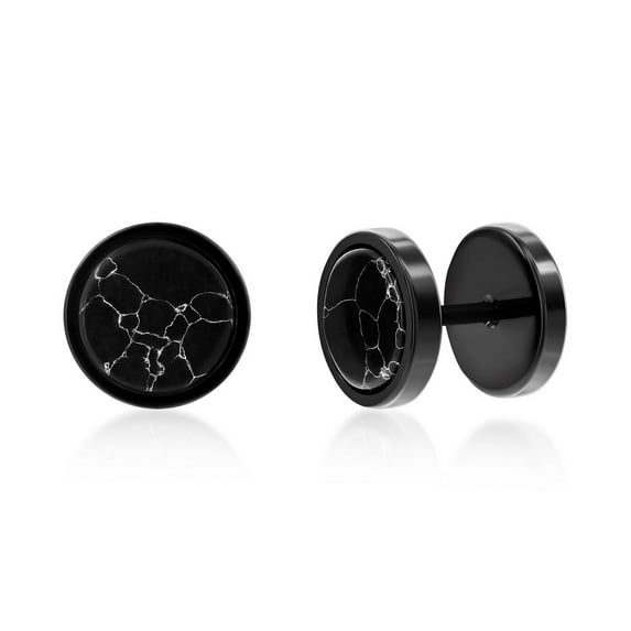 Beaux Bijoux Men's Black Marble in Stainless Steel - Hypoallergenic Stud Earrings for Men - Unique Round Earrings for Him