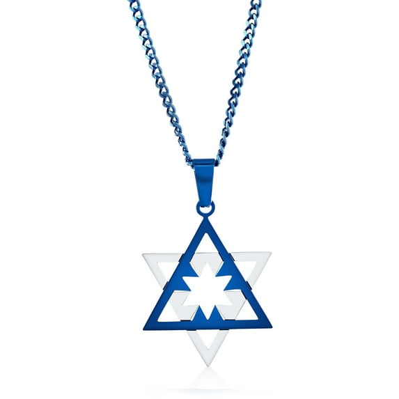 Beaux Bijoux Men's Blue & Silver Plated Star of David Necklace in Stainless Steel - Hypoallergenic Necklace for Men - Fine Jewish Star Pendant Necklace