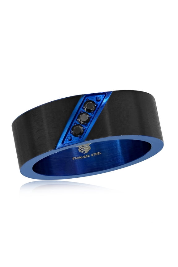 Men’s Comfort Fit Stainless Steel Black and Blue with Black Simulated Diamond CZ Band Ring-9