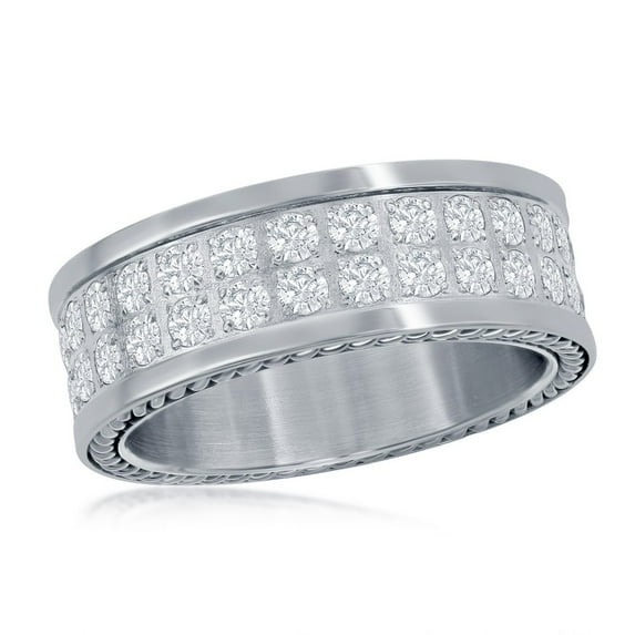 Beaux Bijoux Men’s Comfort Fit Stainless-Steel Polished Silver with Simulated Diamond CZ Band Ring-11