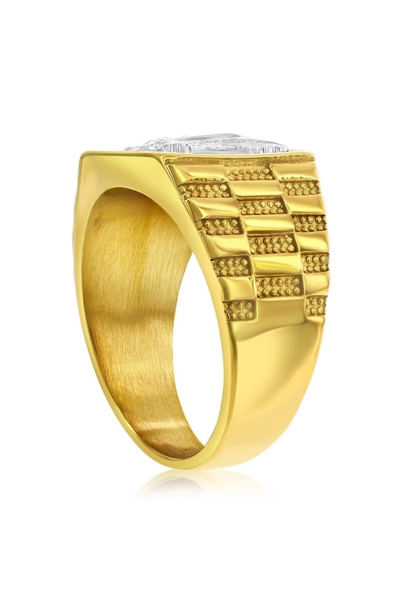 Men's Gold Plated Stainless Steel Square Textured Ring - Unique Eagle Design Ring - Comfort Fit Ring for Him
