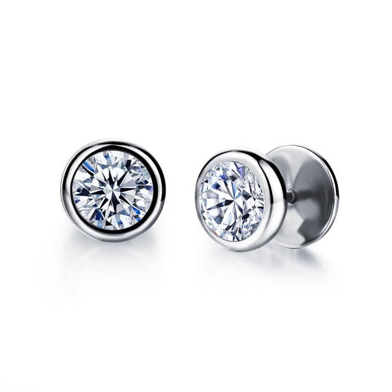 Beaux Bijoux Men's Round Earrings in Stainless Steel - Hypoallergenic Stud Earrings for Men - Round Simulated CZ Diamond Earrings for Him