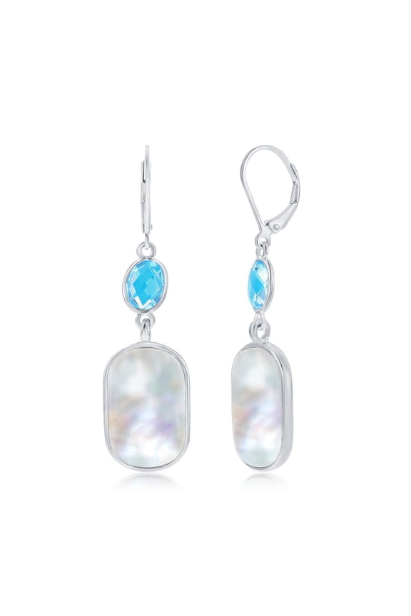 Oval-Shaped Blue Topaz and Rectangle Natural Mother of Pearl Dangling Earrings Sterling Silver Jewelry for Women or Teens