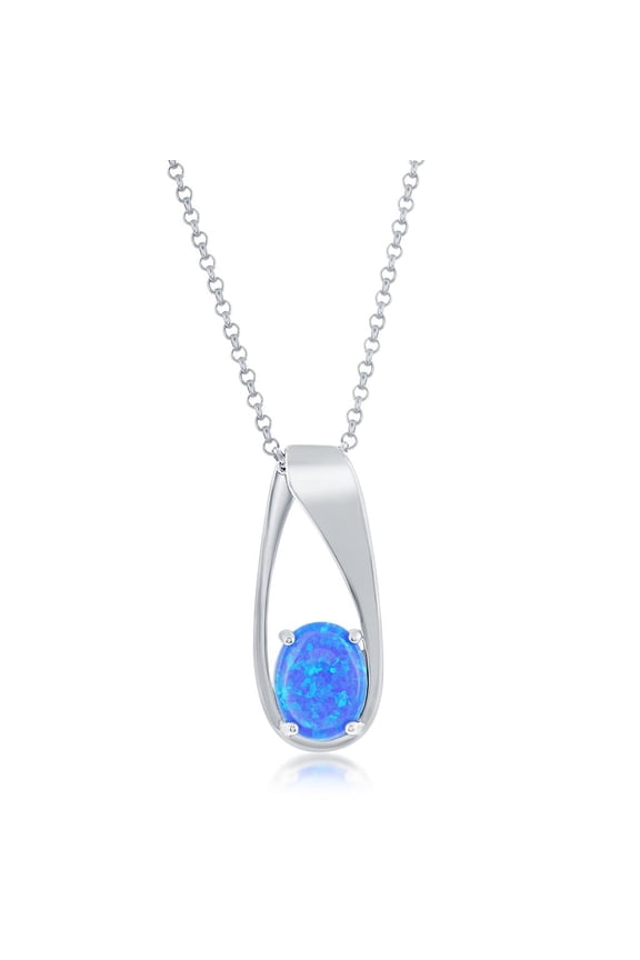 Oval-Shaped Created Blue Opal 16+2” Pendant Necklace Sterling Silver Jewelry for Women or Teens