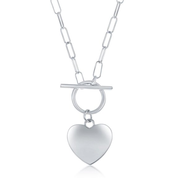 Beaux Bijoux Paperclip Link Chain Design with Shiny Heart 17” Toggle Necklace Sterling Silver Jewelry for Women or Teens Made in Italy
