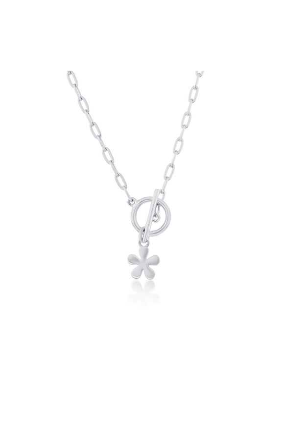Paperclip Link Chain Necklace in Sterling Silver - Toggle Necklace - Flower Charm Necklace for Women - Fine Jewelry for Her