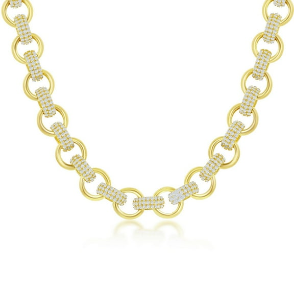 Beaux Bijoux Rolo Chain Alternating Polished and Micro-Pave Set Simulated Diamond CZ 16+2” Statement Necklace 14K Gold Plated Sterling Silver Jewelry for Women or Teens