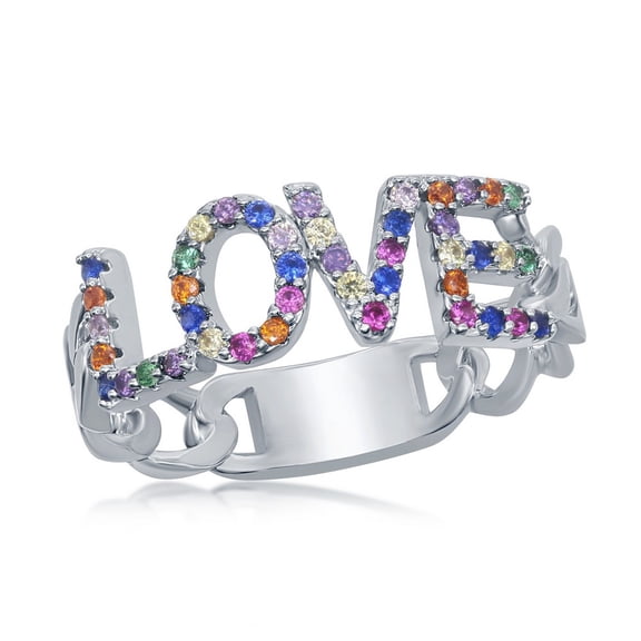 Beaux Bijoux Silver Tone Love Round Rainbow Multi-Colored Cubic Zirconia Cuban Link Designed Ring (size-7)