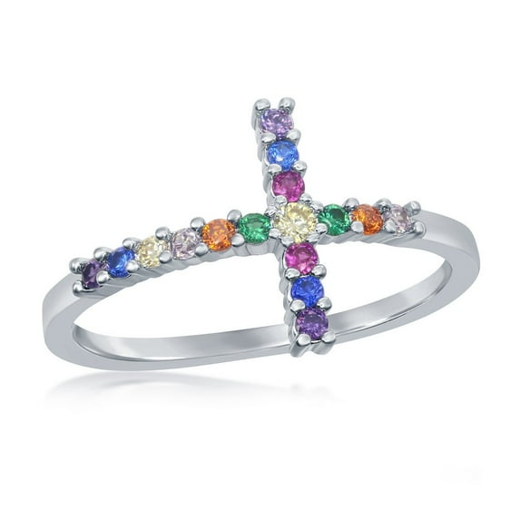 Beaux Bijoux Silver Tone Sideways White/Rainbow Multi-Colored Cubic Zirconia Cross Ring (size-8)
