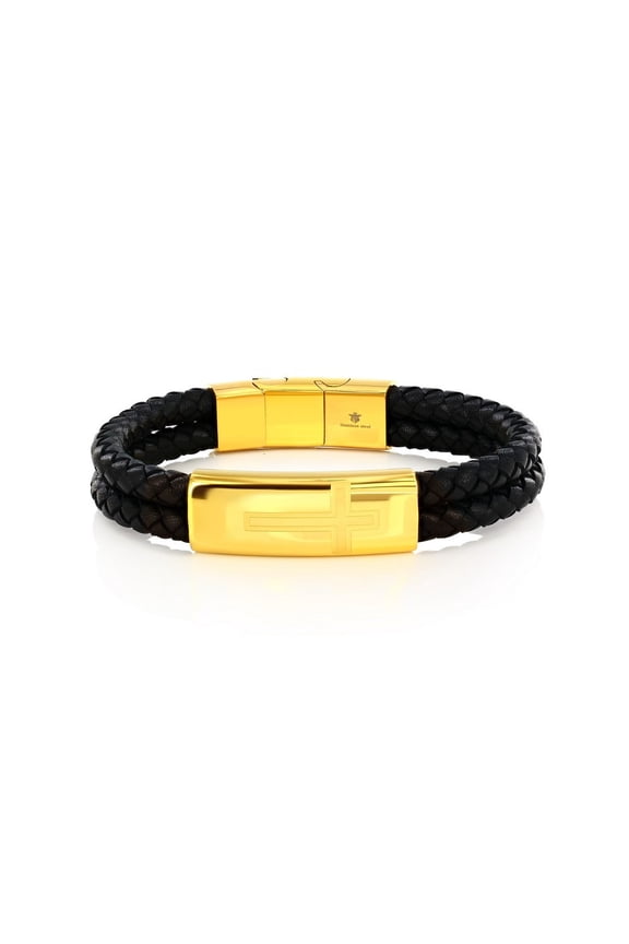 Stainless Steel Black & Gold Men's Double Leather Strand Bracelet - Cross Design Bracelet - Fine Jewelry for Him