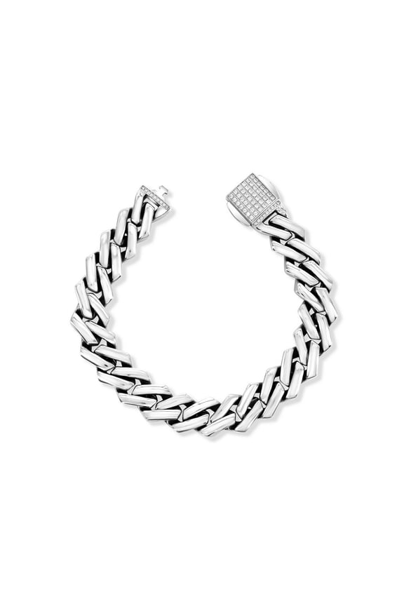Stainless Steel Men's 13mm Monaco Link Chain Bracelet - Simulated Diamond CZ Lock Bracelet - Fine Jewelry for Him