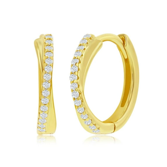 Beaux Bijoux Sterling Silver 14K Gold Plated "X" Design with Simulated CZ Diamonds Huggie Hoop Earrings| Lightweight Hoop Earrings for Women
