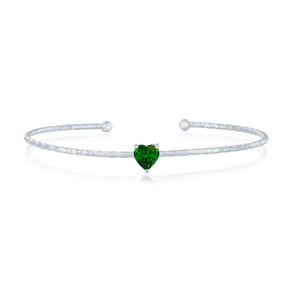 Beaux Bijoux Sterling Silver Birthstone Heart Bangle Bracelet - Created Emerald Heart Gemstone Bracelet for Women - January Birthstone Bracelet