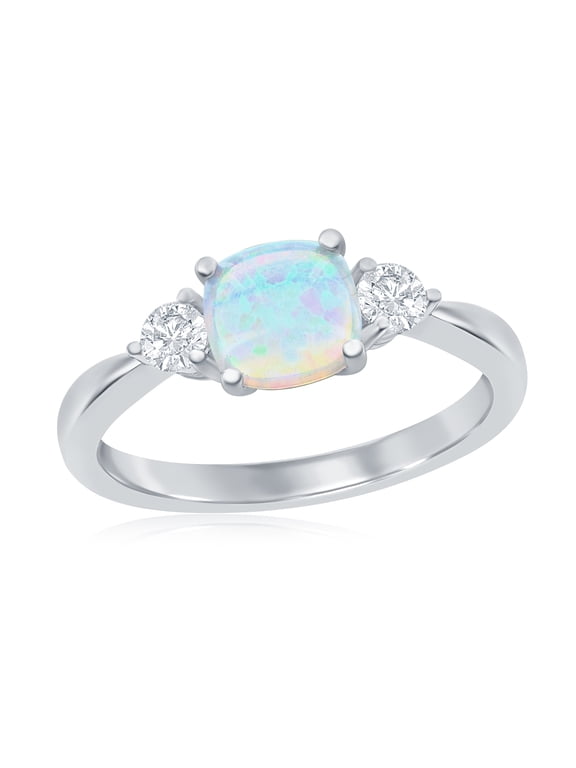 Sterling Silver Created White Opal Ring for Women | Simulated Cushion Cut White Opal Gemstone Ring | Fine Silver CZ Ring for Women-8