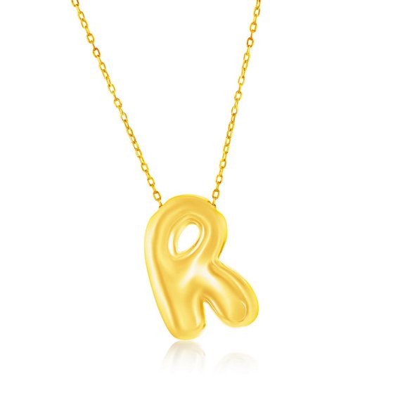 Beaux Bijoux Sterling Silver Gold Plated Chunky Bubble Initial Letter Necklace for Women - Puffed Initial Pendant - Unique Dainty Necklace for Her - R