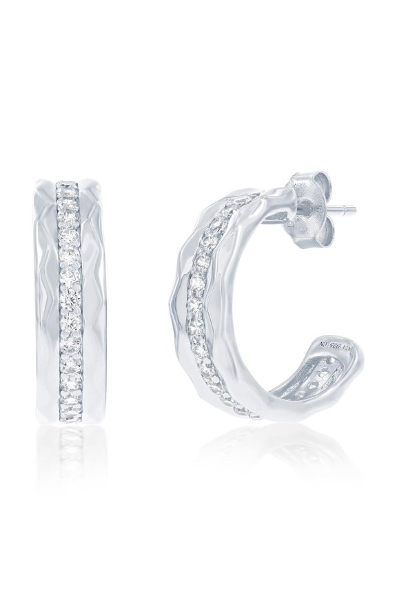 Sterling Silver Lined Simulated Diamond CZ Hoop Earrings for Women - Fine Earrings - Half Hoop Earrings for Her