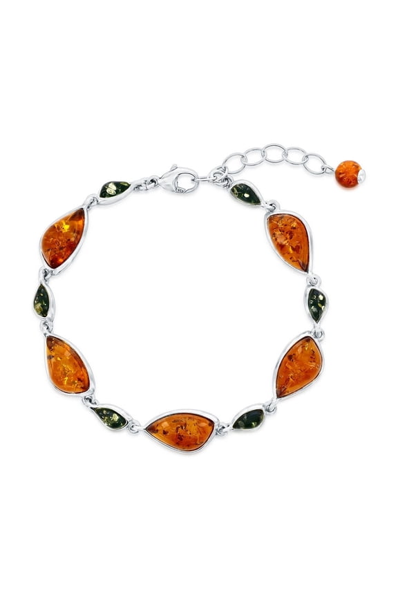 Sterling Silver Natural Amber Bracelet for Women - Natural Gemstone Jewelry - Genuine Link Bracelets - Alternating Irregular Shaped Green & Amber 8.5" Bracelet