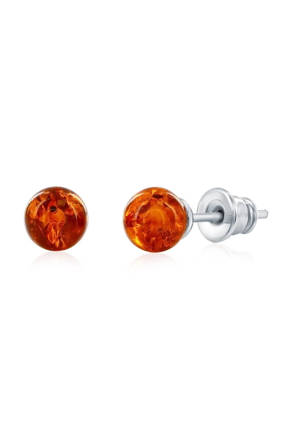 Sterling Silver Natural Amber Earrings - Natural Gemstone Jewelry - Genuine Amber Earrings for Women - 6mm Amber Bead Stud Earrings