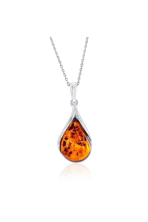 Sterling Silver Natural Amber Necklace - Natural Gemstone Jewelry - Genuine Amber Necklace for Women - Teardrop Amber Pendant Necklace