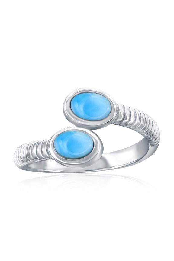 Sterling Silver Natural Larimar Ring - Natural Gemstone Jewelry - Oval-Shaped Larimar Overlapping Lined Ring for Women-9